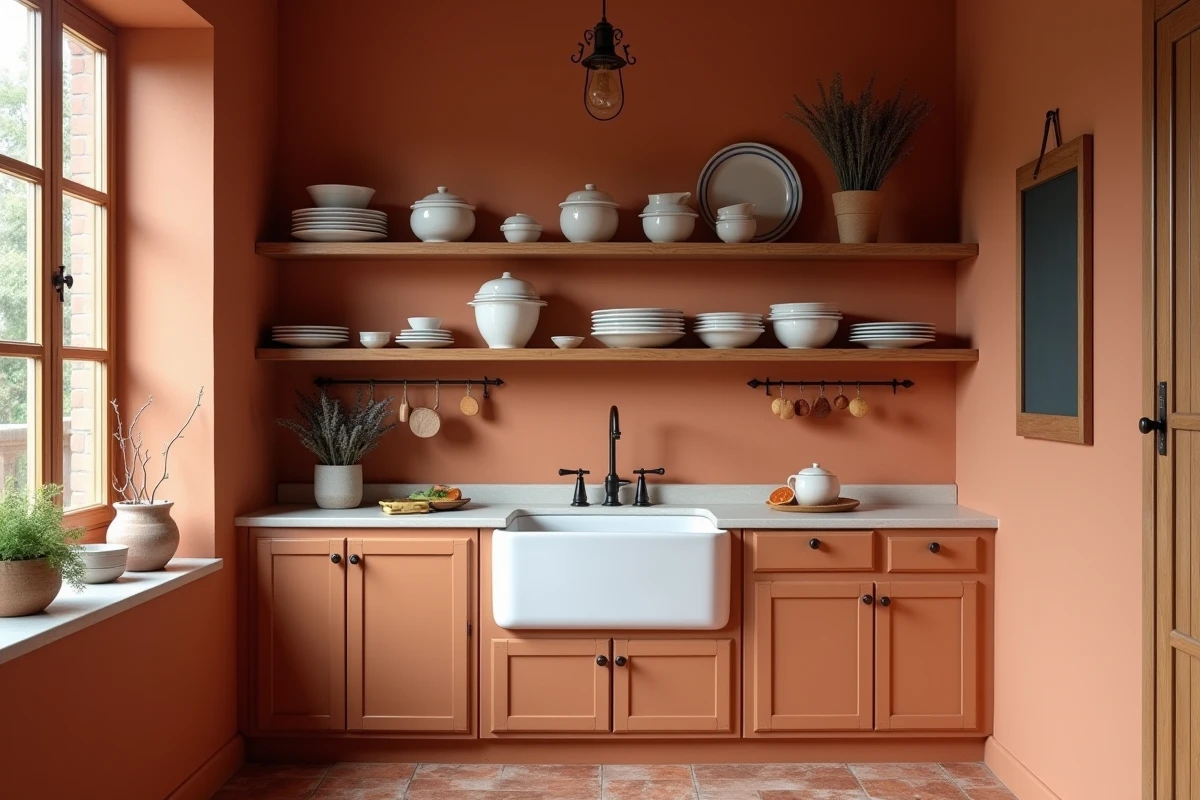 Coin cuisine rustique aux murs couleur terracotta avec évier en céramique et étagères en bois ouvertes