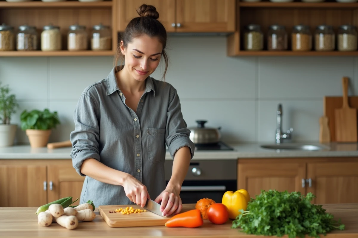 Jeune femme préparant un repas végétal dans une cuisine éco-responsable avec des ingrédients locaux et des contenants réutilisables