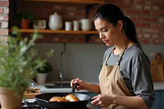Femme cuisinant du poulet dans une poêle en fonte sur une cuisinière à gaz dans une cuisine rustique