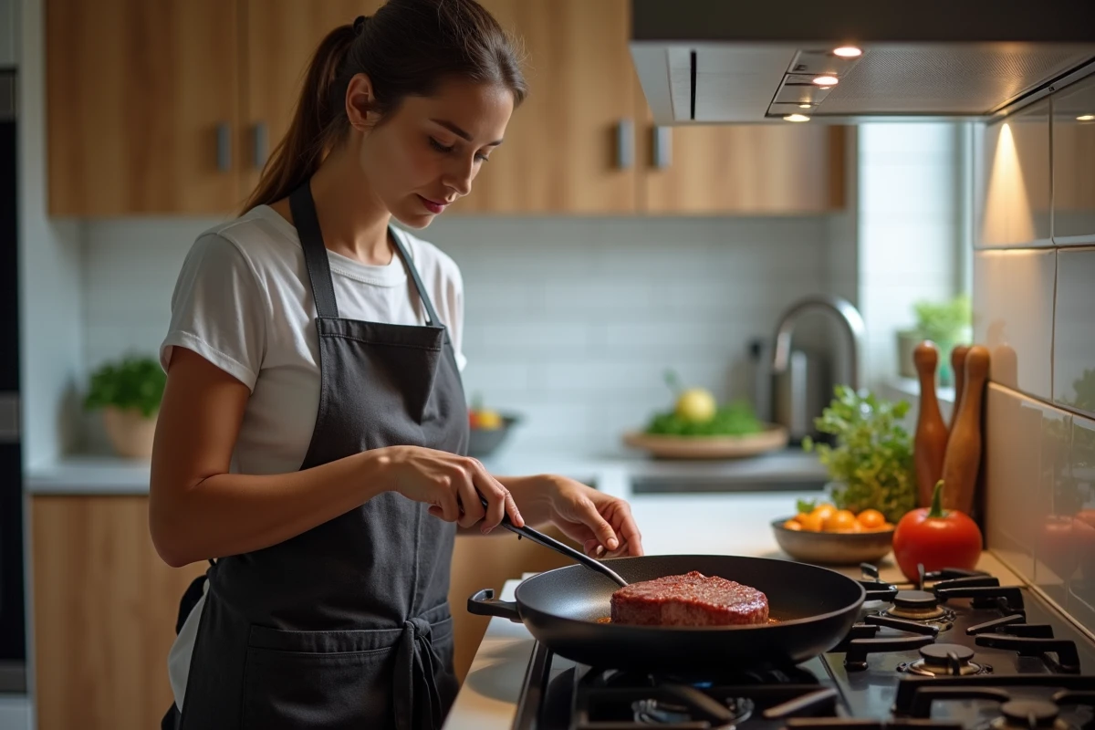 Femme cuisinant un steak de bœuf à la poêle chez elle en maîtrisant la température de saisie de la viande