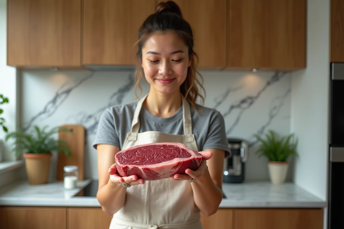 Femme cuisinière tenant un filet de bœuf cru dans une cuisine moderne, illustrant le choix du morceau le plus tendre