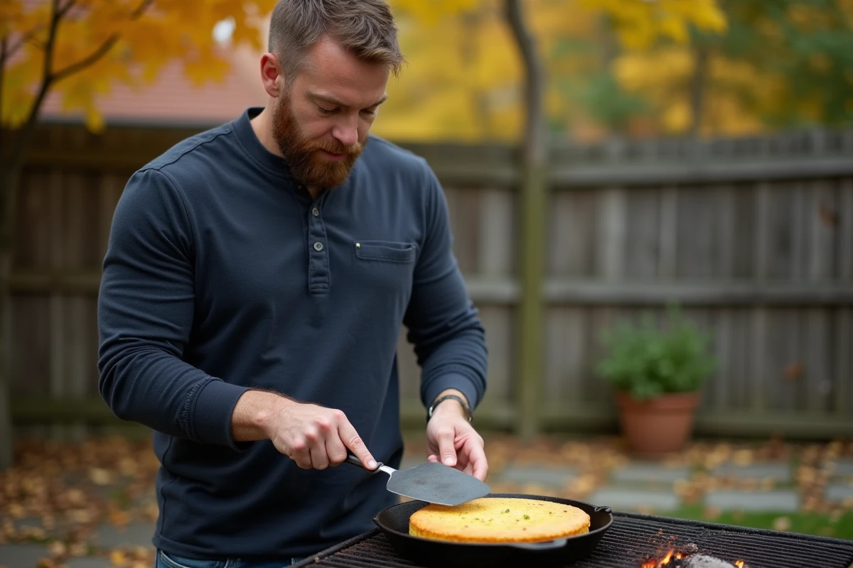 Homme retournant un pain de maïs doré dans une poêle en fonte sur un barbecue au bois en extérieur