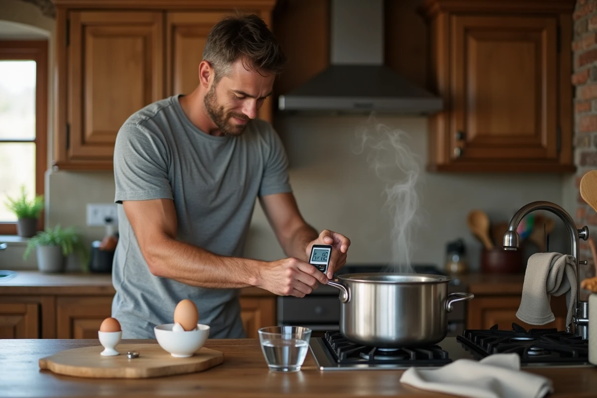 Homme vérifiant le temps de cuisson des œufs durs avec un minuteur dans une cuisine rustique