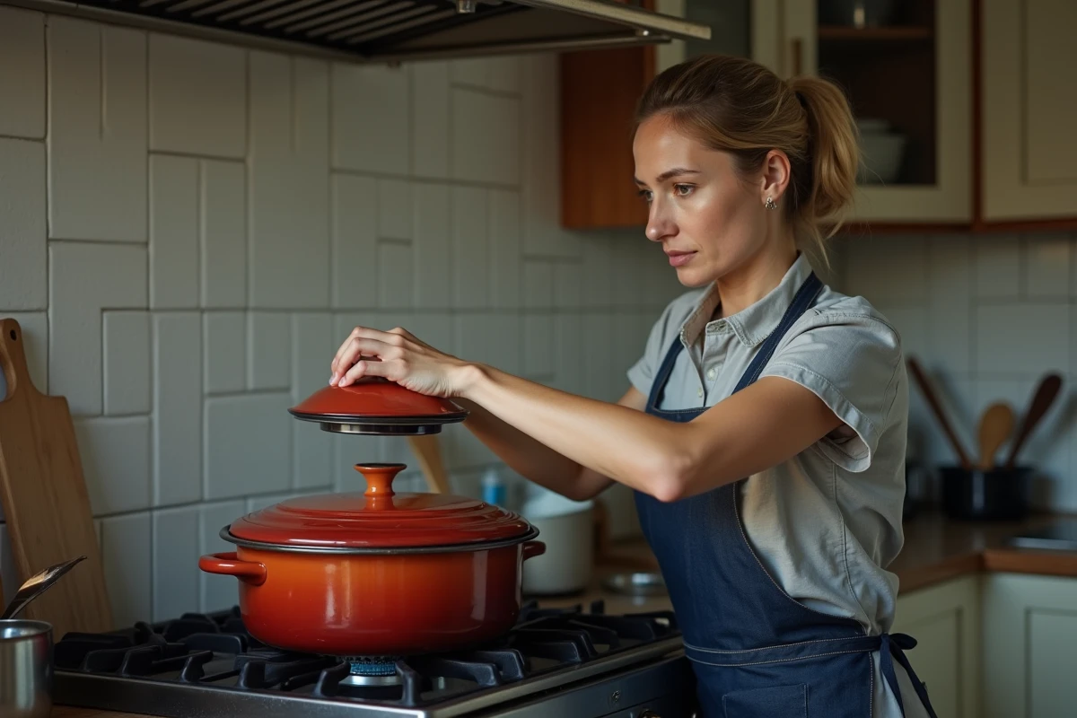 Femme cuisant des souris d'agneau à feu doux dans une cocotte émaillée sur une cuisinière à gaz