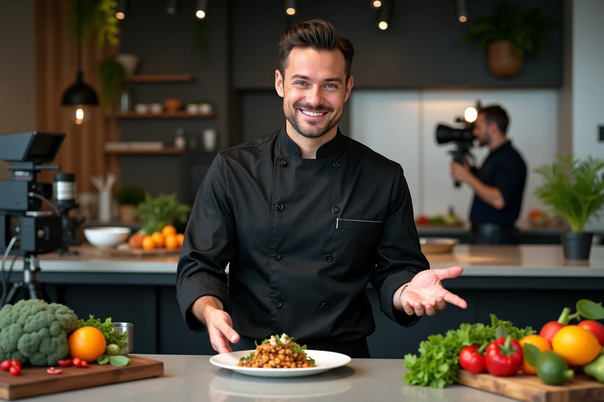 Chef Cyril Lignac en veste noire dans un studio cuisine télévisé moderne avec ingrédients frais et caméras en arrière-plan