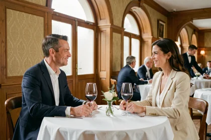 Deux professionnels en déjeuner d'affaires dans un restaurant étoilé à Lille, table en lin blanc avec verres à vin et décoration florale raffinée