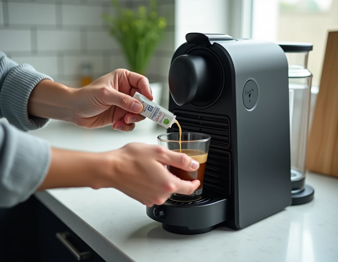 Mains versant une solution détartrante dans le réservoir d'eau d'une machine Nespresso Magimix lors du cycle de détartrage automatique