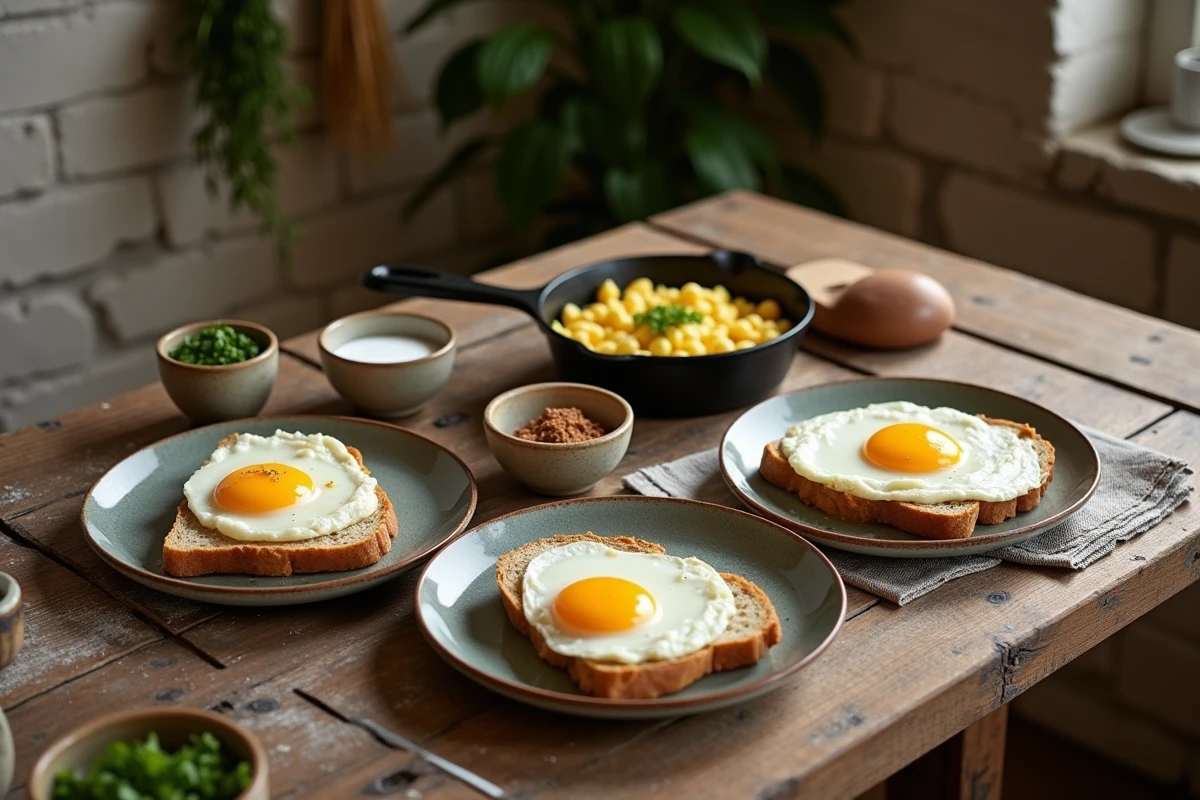 Différentes façons de cuisiner les œufs le matin présentées en flat-lay sur une table en bois rustique