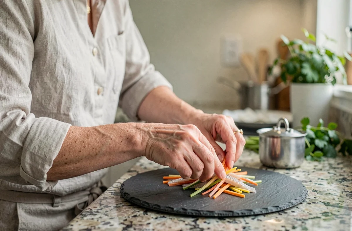 Chef féminine en cuisine dressant une assiette de julienne de poisson avec légumes colorés sur ardoise noire