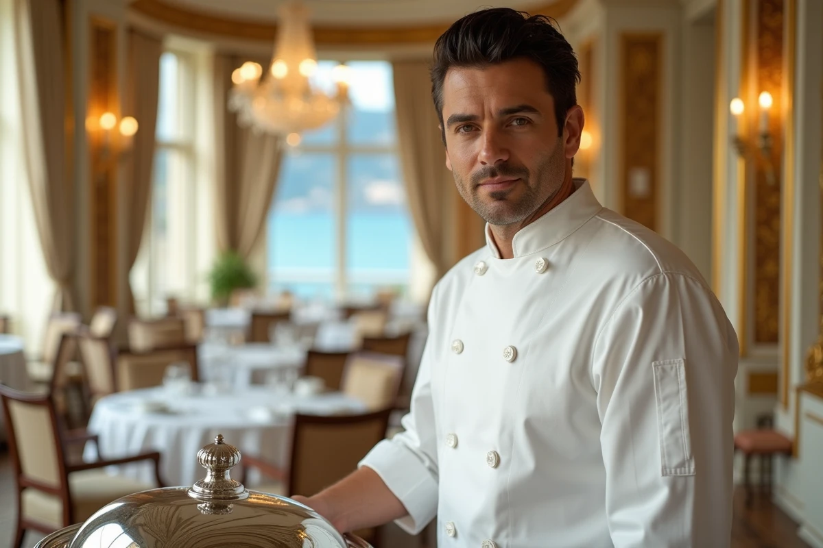 Chef Emmanuel Pilon en veste blanche dans la salle dorée du restaurant Louis XV à Monaco avec vue sur la Méditerranée