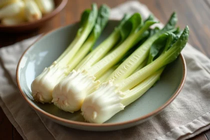 Endives cuites à la vapeur sur une assiette pour bébé, texture molle et dorée sur table en bois