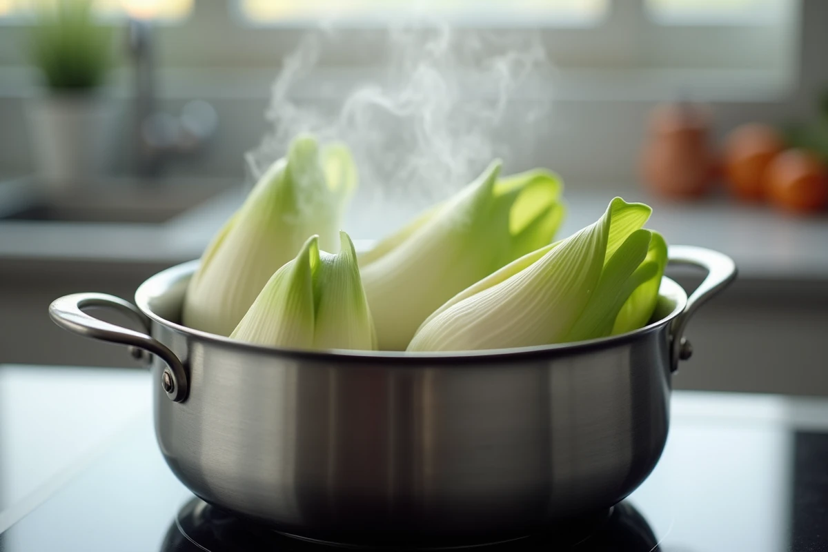 Endives entières en cours de cuisson à la vapeur dans un panier inox sur cuisinière à induction
