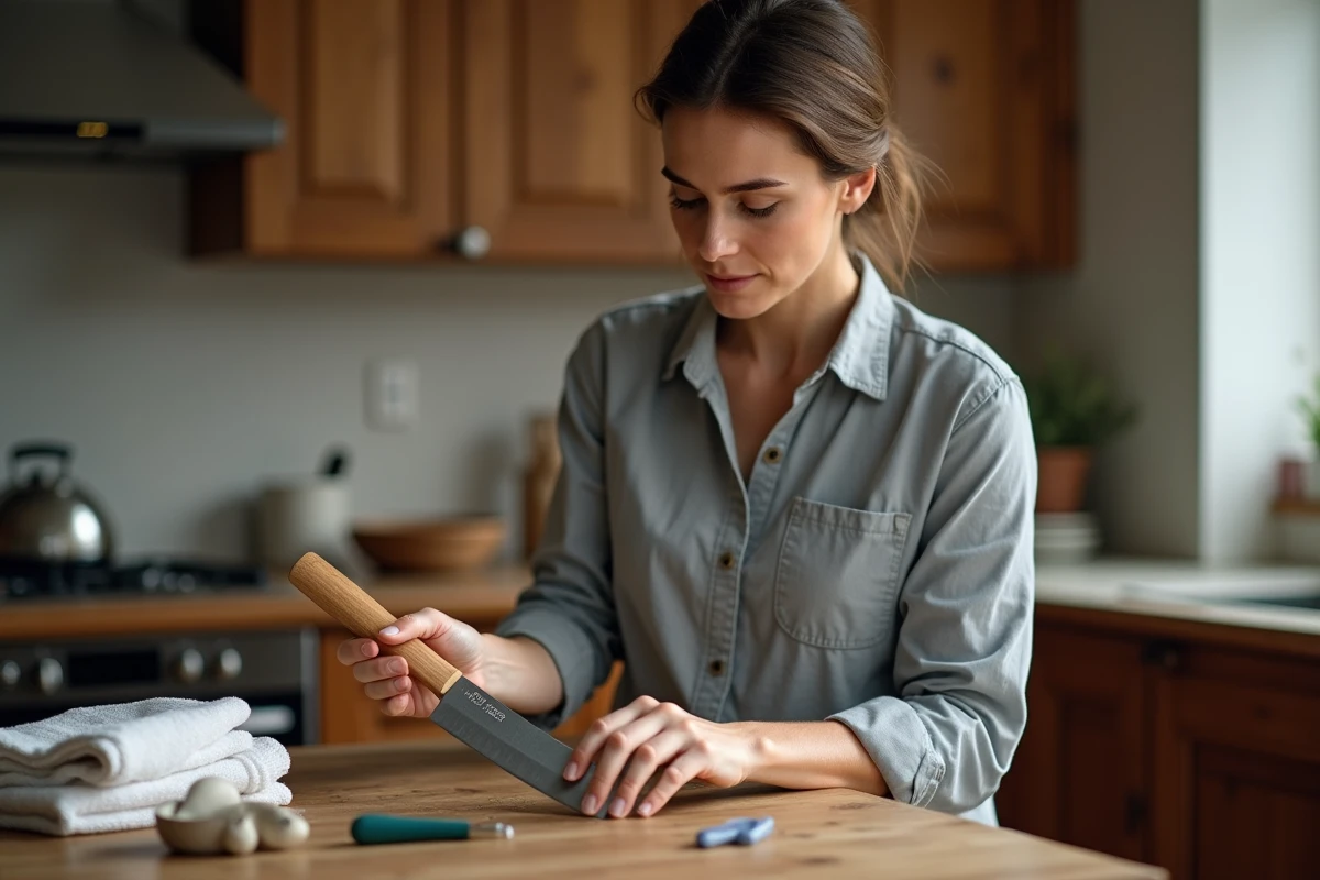 Femme inspectant le tranchant d'un couteau santoku lors d'un entretien régulier à domicile
