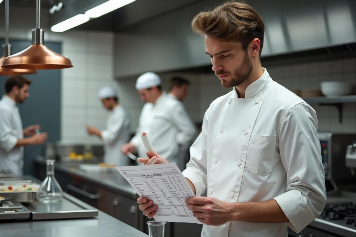 Étudiant en cuisine consultant un tableau de conversion millilitres centilitres dans une école culinaire professionnelle