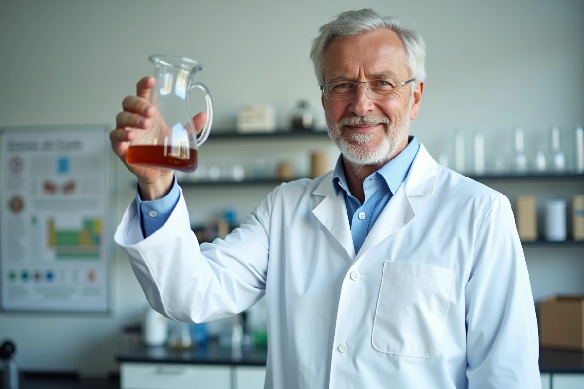 Expert en nutrition en blouse blanche examinant une bouilloire en verre dans un laboratoire moderne