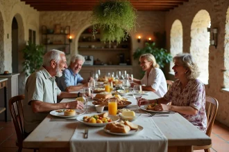 Famille française multigénérationnelle attablée longuement autour d'un repas traditionnel dans une ferme provençale