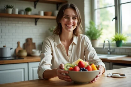 Jeune femme se servant librement dans un grand bol de fruits frais variés posé sur une table en bois rustique dans une cuisine campagnarde