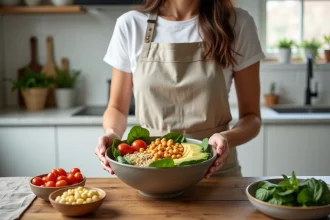 Femme préparant un Buddha bowl végétalien coloré dans une cuisine moderne avec légumes frais et quinoa