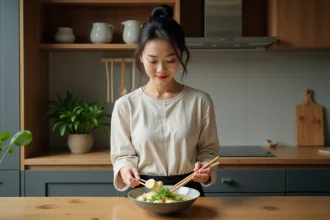 Femme chinoise préparant un bol de congee sain avec des légumes frais dans une cuisine moderne à Pékin