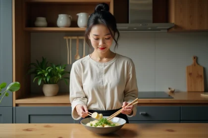 Femme chinoise préparant un bol de congee sain avec des légumes frais dans une cuisine moderne à Pékin
