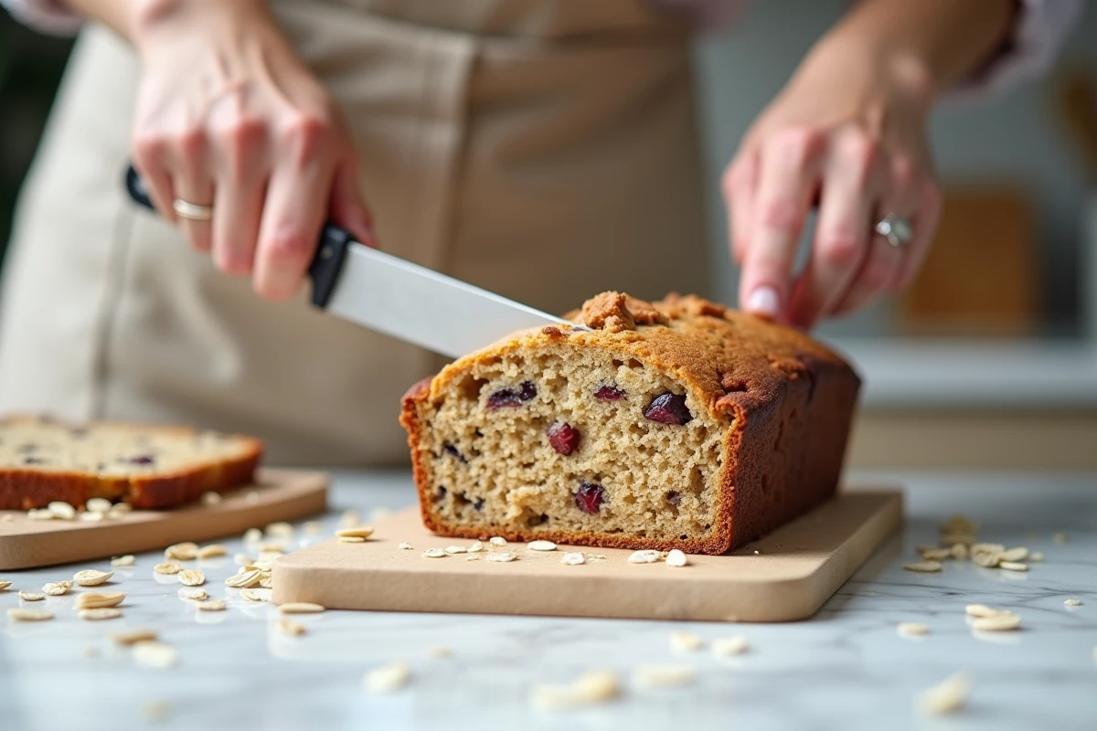 Femme en tablier de lin découpant un gâteau flocon d'avoine sain révélant une mie dense aux graines et fruits secs sans sucre