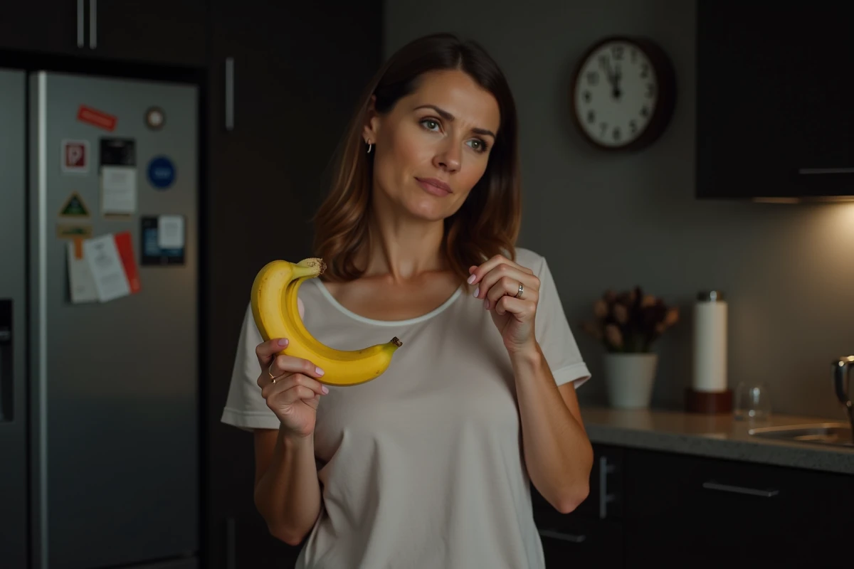 Femme en pyjama tenant une banane dans une cuisine le soir, hésitant à la manger avant de dormir