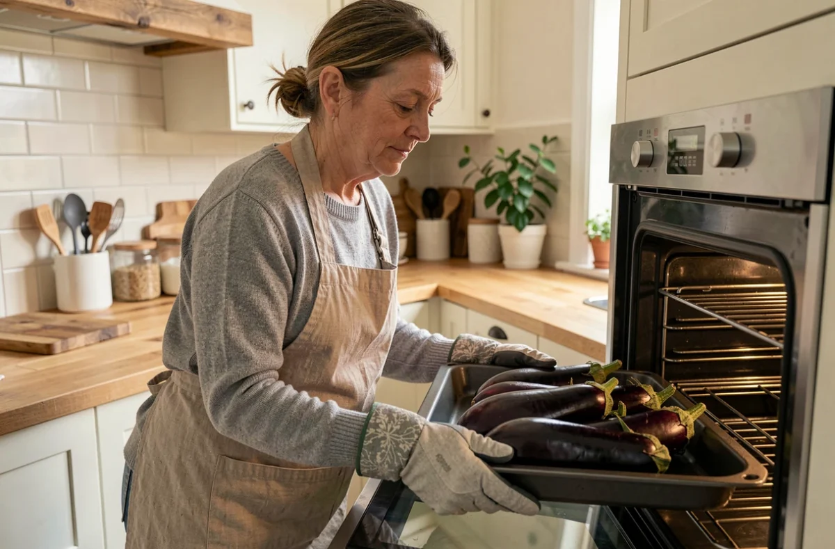 Femme plaçant des aubergines entières dans un four à basse température dans une cuisine moderne rustique