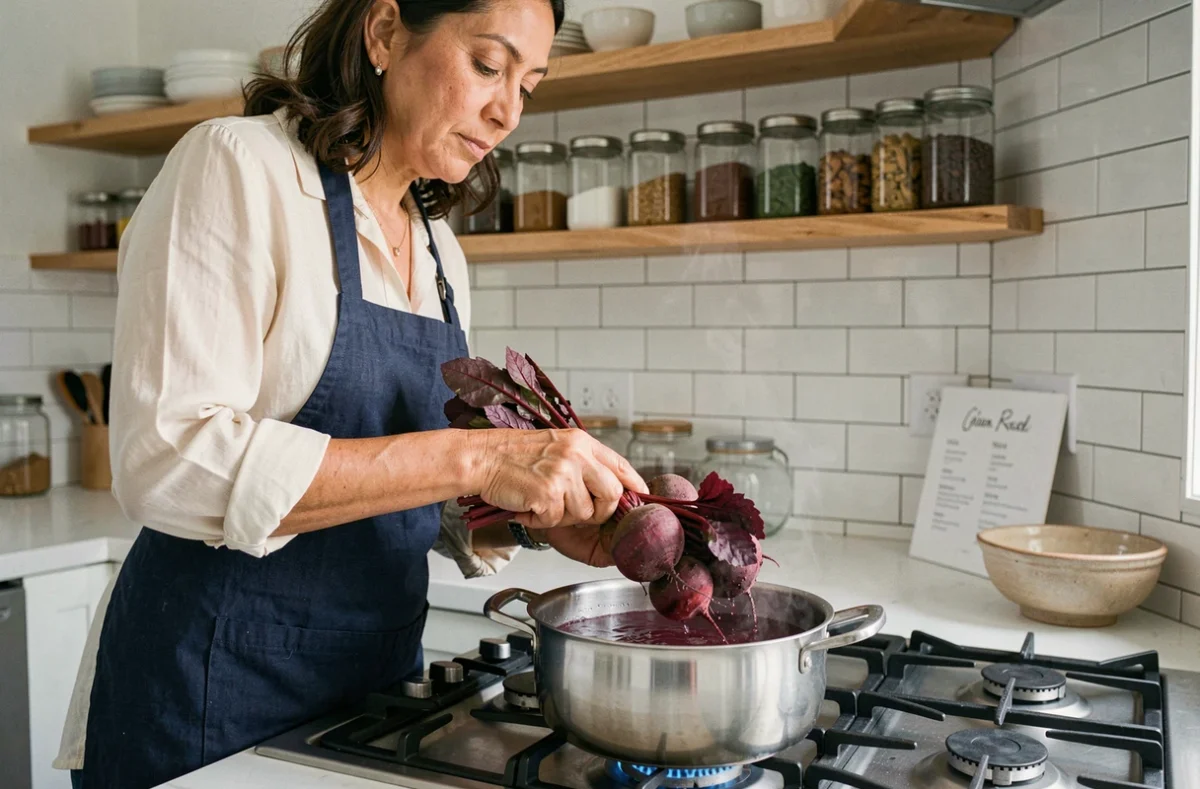 Femme plongeant des betteraves rouges dans une casserole d'eau frémissante pour une cuisson maison en cuisine moderne