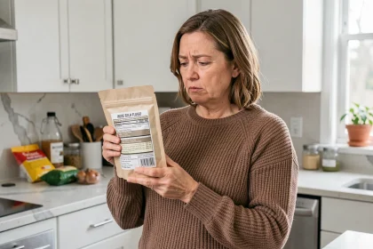 Femme examinant l'étiquette d'un produit contenant de la farine d'insectes dans une cuisine moderne, vigilante aux allergènes