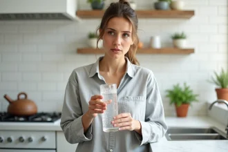 Femme lisant une étiquette nutritionnelle sur une bouteille d'eau gazeuse sans calorie dans une cuisine moderne