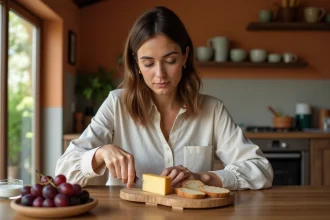 Femme mangeant du fromage au déjeuner avec du pain complet et des raisins, illustrant le bon moment pour consommer du fromage sans grossir