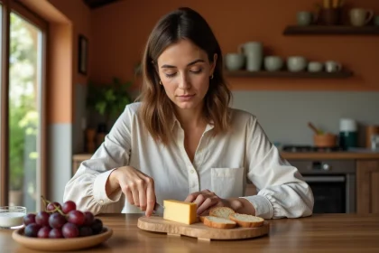 Femme mangeant du fromage au déjeuner avec du pain complet et des raisins, illustrant le bon moment pour consommer du fromage sans grossir