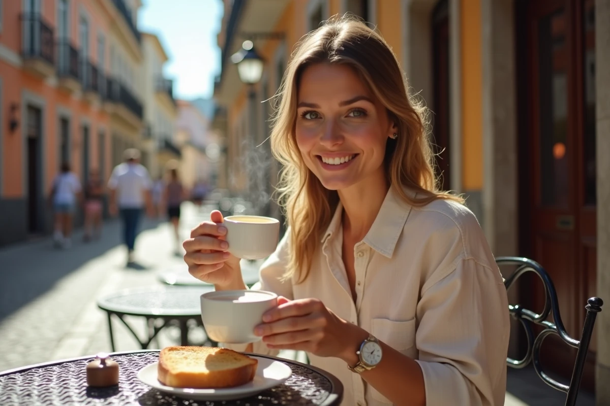 Femme savourant un galão et une torrada beurrée en terrasse de café à Porto lors du petit déjeuner