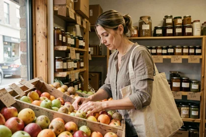 Femme inspectant des fruits et légumes légèrement imparfaits dans un magasin anti-gaspi avec des caisses en bois rustiques