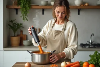 Femme versant une soupe de légumes dans un mixeur plongeant dans une cuisine moderne