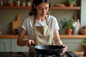 Femme tenant une poêle en fonte dans une cuisine moderne, illustrant l'utilisation quotidienne de la fonte en cuisine