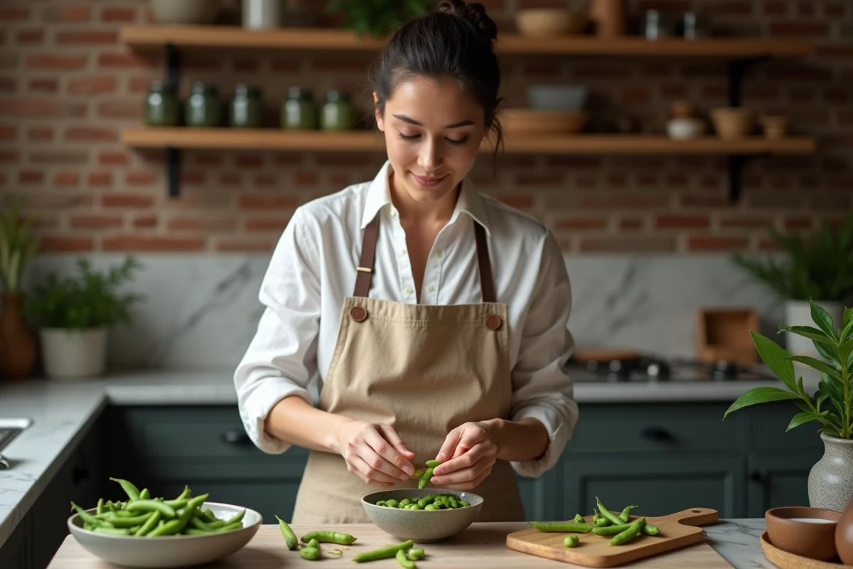 Femme préparant des edamames et des pois dans une cuisine rustique, légumes protéinés