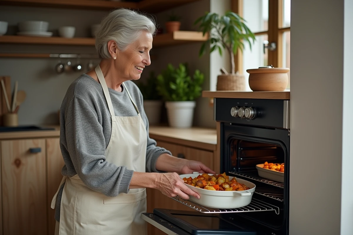 Femme adulte en tablier de lin insérant un plat de légumes rôtis dans un four ouvert dans une cuisine au style scandinave chaleureux