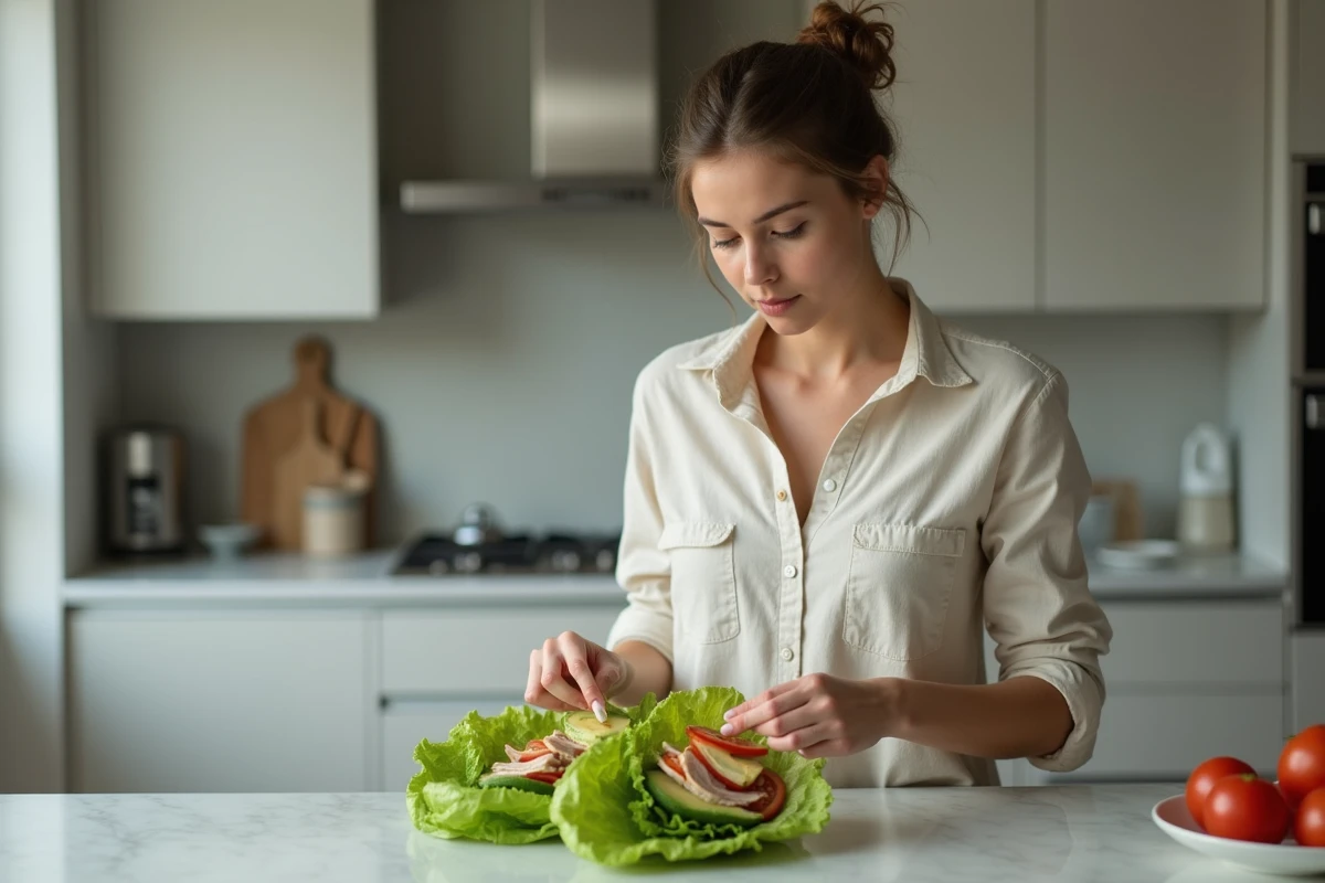 Femme préparant un wrap à la laitue romaine en alternative au pain, avec avocat et tomates fraîches