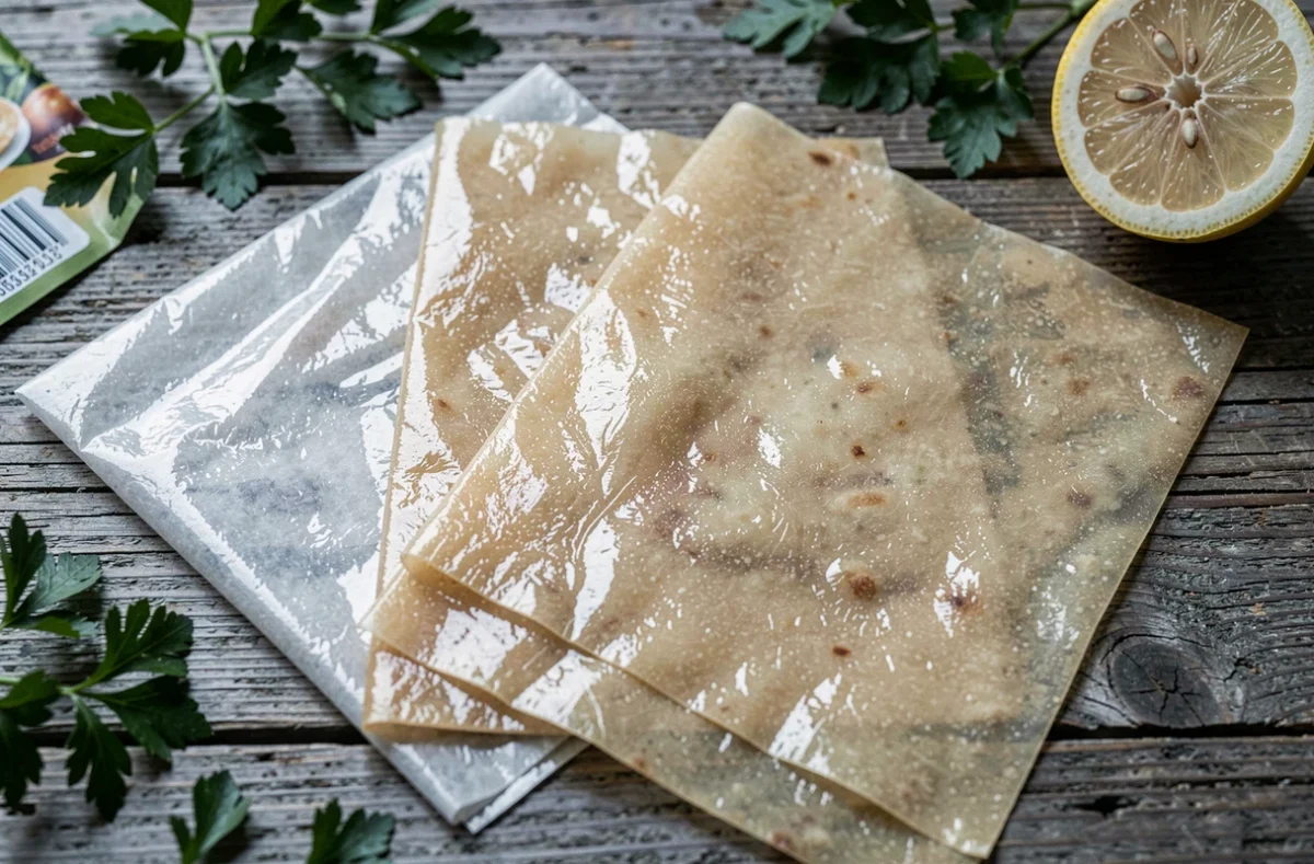 Feuilles de brick prêtes à l'emploi du commerce étalées sur une table en bois avec citron et persil frais