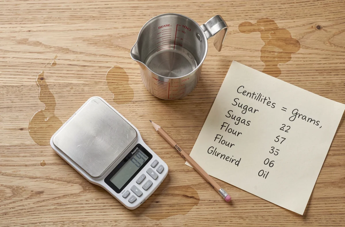 Vue de dessus d'une tasse doseuse de 10cl, une balance éteinte et une fiche de conversion cl en gramme sur une table en bois