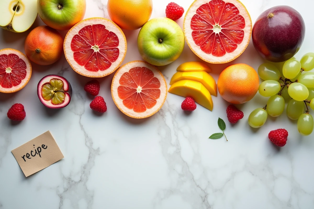 Vue du dessus d'une abondante sélection de fruits frais entiers et coupés disposés sur un plan de travail en marbre blanc