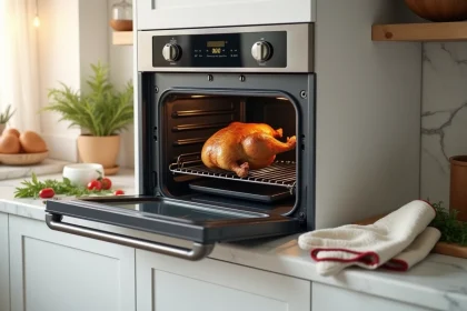 Four encastré moderne en acier inoxydable avec poulet rôti doré visible à travers la porte entrouverte, dans une cuisine contemporaine avec plan de travail en marbre