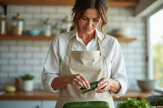 Femme frottant un concombre avec du gros sel de mer sur un plan de travail en bois dans une cuisine lumineuse