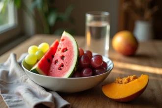 Bol de fruits à éviter le soir posé sur une table en bois, incluant pastèque, raisins et mangue