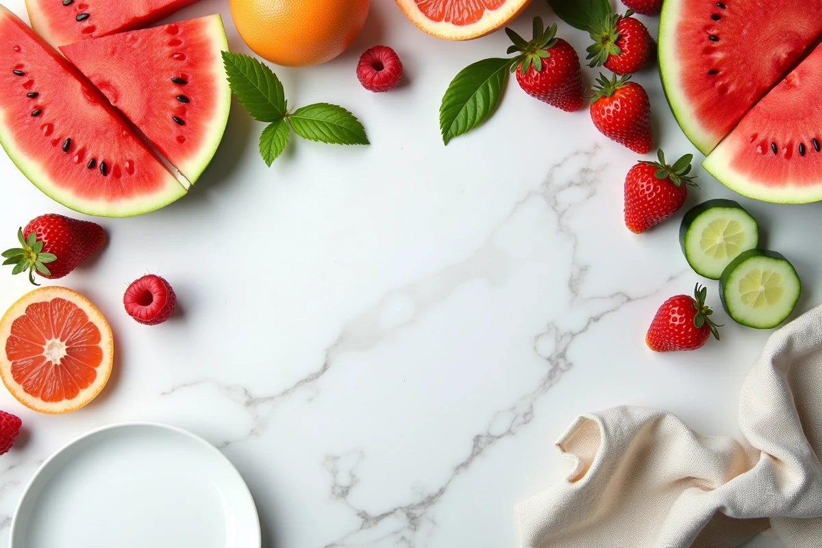 Vue de dessus d'un assortiment de fruits frais à faible densité calorique sur marbre blanc, idéaux pour manger sans grossir