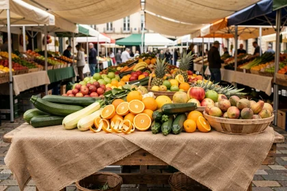 Assortiment de fruits et légumes commençant par la lettre Z sur un étal de marché en bois rustique