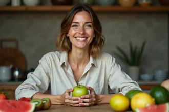 Femme tenant une pomme verte entourée de fruits frais sur une table en bois rustique, illustrant une alimentation saine et sans restriction calorique