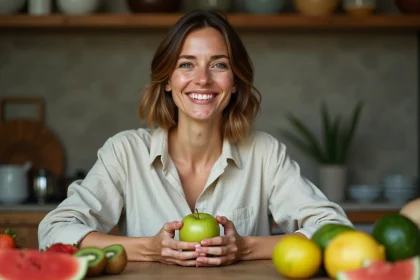 Femme tenant une pomme verte entourée de fruits frais sur une table en bois rustique, illustrant une alimentation saine et sans restriction calorique