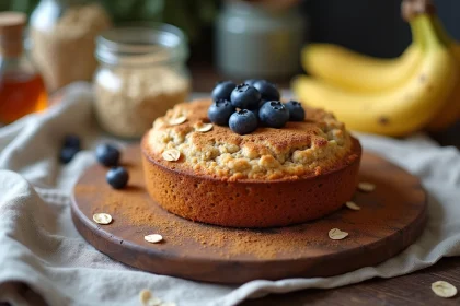 Gâteau flocon d'avoine sans sucre ajouté posé sur une planche en bois rustique avec des myrtilles fraîches et de l'avoine roulée